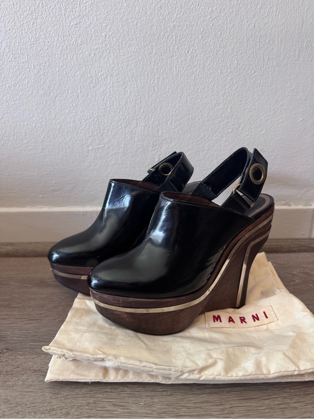 Marni Black Patent Leather Platform Slingback Wedges with Wood Heel